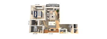 3D floor plan of one bedroom with balcony at Icon on Main Apartments, Indiana, 46032