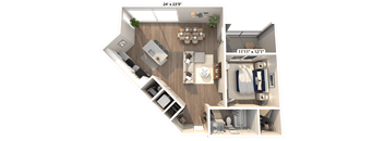 A 3D floor plan of a 1 bedroom apartment with a living room, kitchen, and bathroom