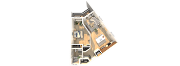 A 3D floor plan of a house with a living room, kitchen, and two bedrooms.