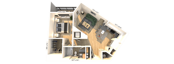 3D floor plan of one bedroom with walk-in closet at Icon on Main Apartments, Carmel, IN 46032