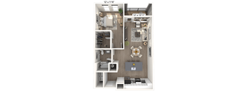 A 3D floor plan of a small apartment with a kitchen, living room, and bathroom.