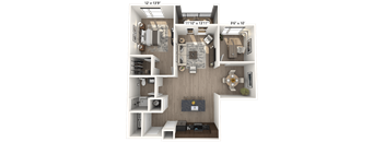 A 3D floor plan of a small apartment with a kitchen, living room, and bedroom.