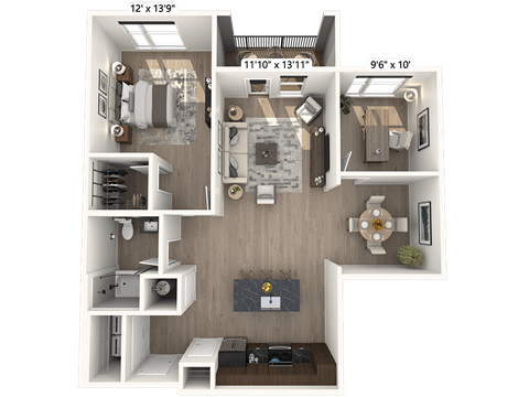 A 3D floor plan of a small apartment with a kitchen, living room, and bedroom.