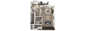 A 3D floor plan of a small apartment with a living room, kitchen, and bathroom.