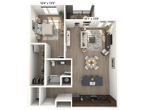 A 3D floor plan of a small apartment with a living room, kitchen, and bathroom.