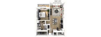 A 3D floor plan of an apartment with a living room, kitchen, and bedroom