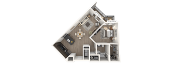 A 3D rendered image of an apartment layout with a kitchen, living room, and bathroom.