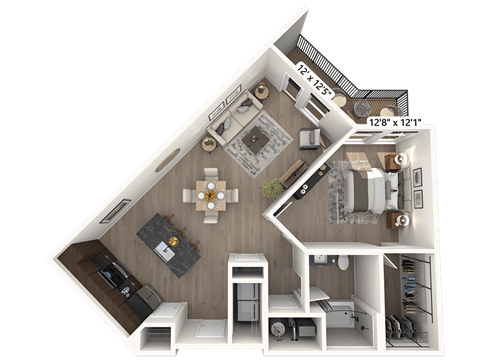 A 3D rendered image of a house layout with a living room, kitchen, and two bedrooms.