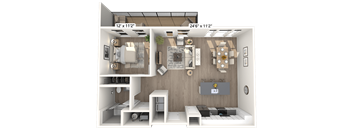A 24 by 12 inch floor plan of a room with furniture and appliances.