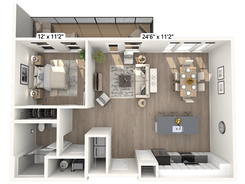 A 24 by 12 inch floor plan of a room with furniture and appliances.