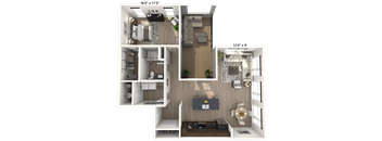 A 3D floor plan of a small apartment with a living room, kitchen, and bedroom.