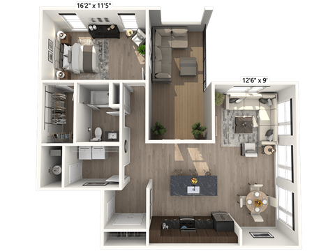 A 3D floor plan of a small apartment with a living room, kitchen, and bedroom.