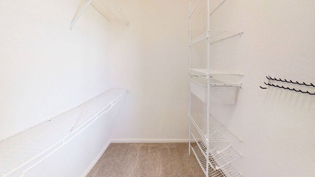 a walk-in closet with wardrobe organizersat Andover Pointe Apartment Homes, La Vista, Nebraska