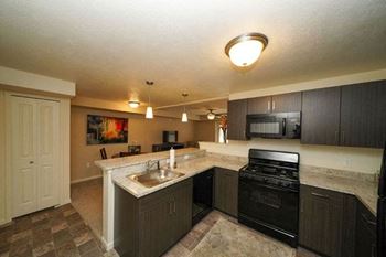 Kitchen with built-in microwave at Andover Pointe Apartment Homes in LaVista, NE