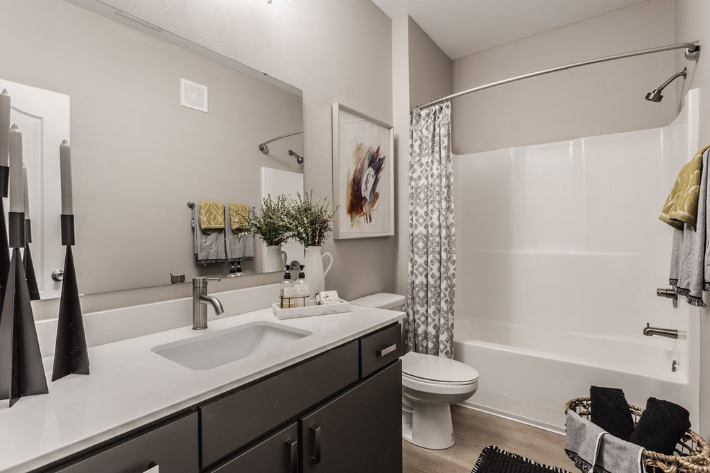 an open bathroom with a shower sink and toilet at Alexandria of Carmel Apartments, Indiana, 46032