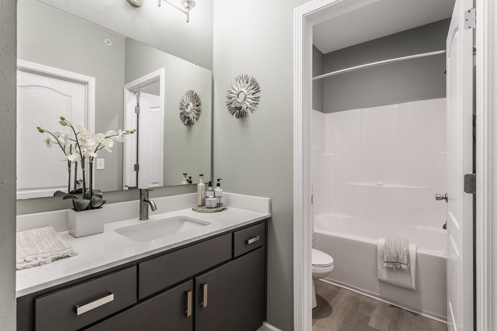 a bathroom with a sink and a shower and a mirror  at Alexandria of Carmel Apartments, Carmel, IN, 46032
