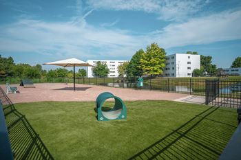 A playground with a green slide and a white building in the background.