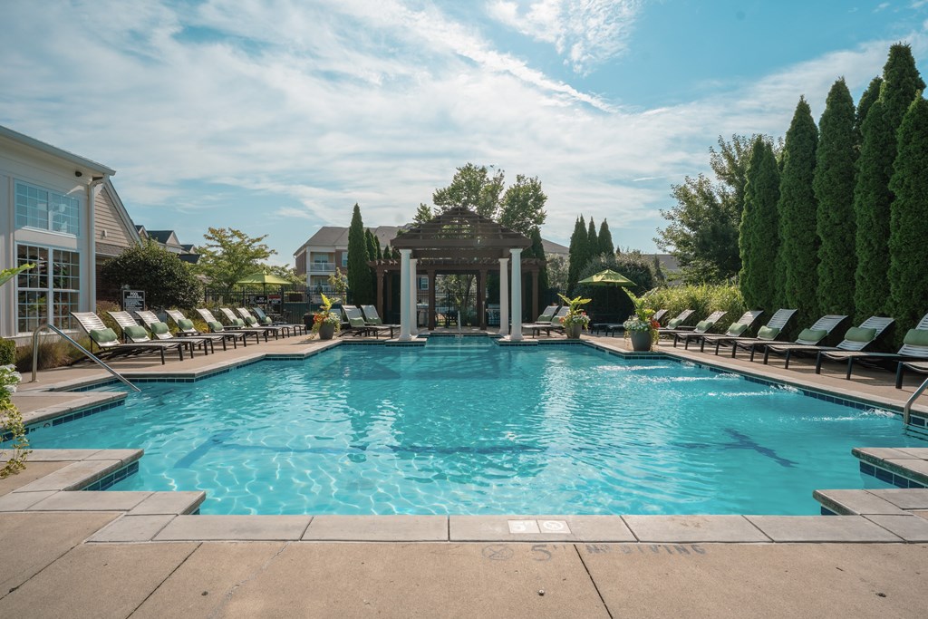 A large outdoor swimming pool surrounded by lounge chairs and trees.