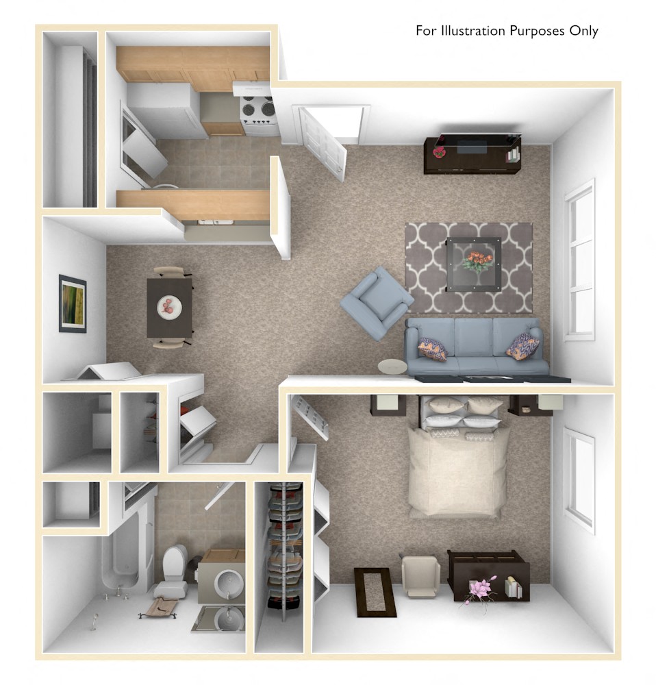1 Bed 1 Bath Alpine One Bedroom Floor Plan at Old Monterey Apartments, Springfield, MO, 65807