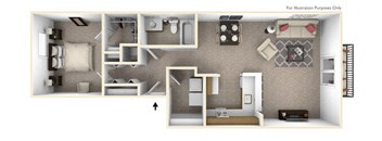 this is a photo of the floor plan of the 882 square foot 1 bedroom apartment atat The Harbours Apartments, Michigan