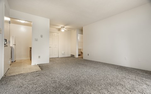 A spacious, empty room with a carpeted floor and white walls