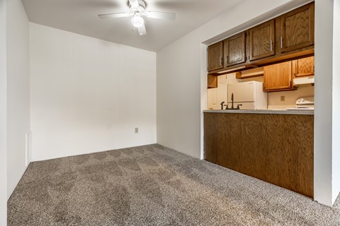 A room with a carpeted floor and a kitchen area in the background