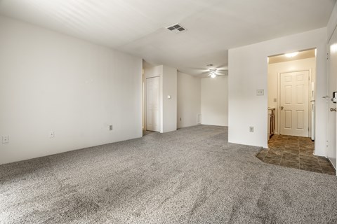 A spacious room with a carpeted floor and a door on the right side