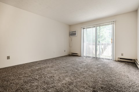 A room with a carpeted floor and a sliding glass door