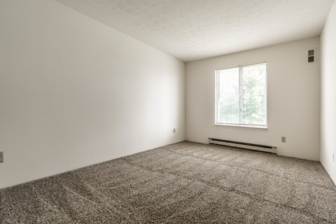A room with a carpeted floor and a window