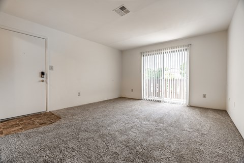 A room with a carpeted floor and a sliding glass door