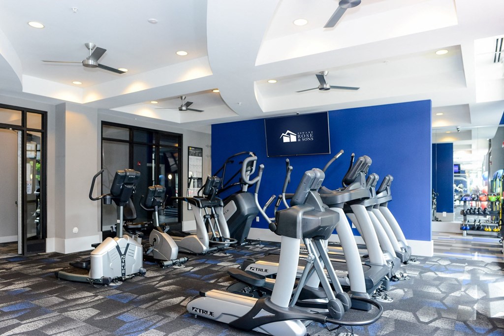 a gym with various exercise equipment in the clubhouse at Avant Apartments in Carmel, 46032