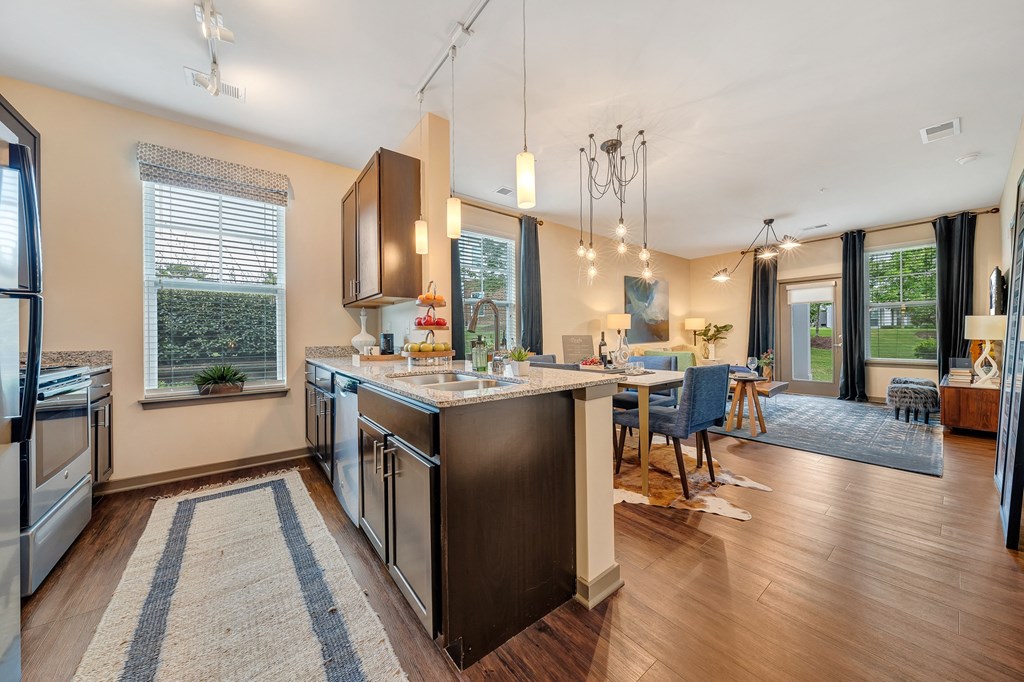 Model Kitchen and Living Space at Avellan Springs Apartments, Morrisville, 27560