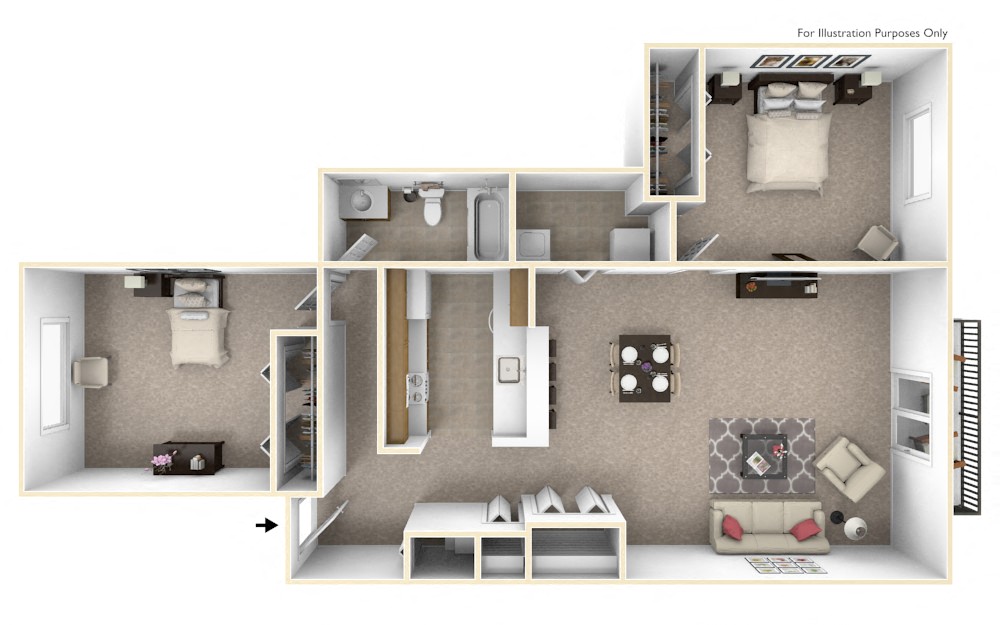2-Bed/1-Bath, Azalea Floor Plan at The Harbours Apartments, Michigan, 48038