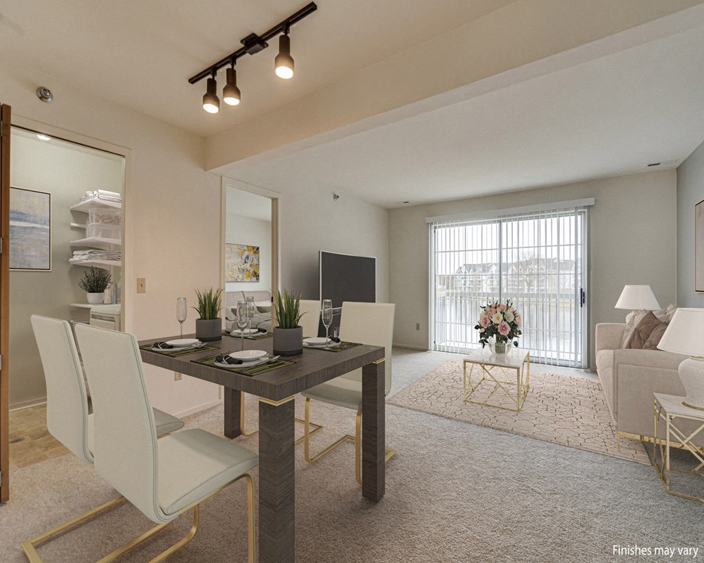 Azalea Layout Dining Area with Living Room View at Portsmouth Apartments, Novi 48377