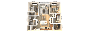 3D floor plan of two bedroom two bathroom layout at Icon on Main Apartments, Carmel, IN