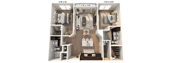 A 3D floor plan of a 2 bedroom apartment with a living room, kitchen, and two bedrooms