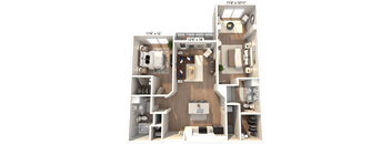 A 3D floor plan of an apartment with two bedrooms, a living room, a kitchen, and a bathroom
