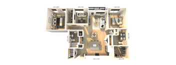 3D floor plan of two bedroom two bathroom apartment at Icon on Main Apartments, Carmel, 46032