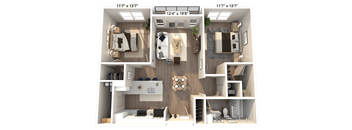 A 3D floor plan of an apartment with two bedrooms, a living room, a kitchen, and a bathroom