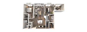 A 3D floor plan of an apartment showing the layout of the rooms