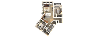3D floor plan of two bedroom apartment with balcony at Icon on Main Apartments, Carmel, Indiana