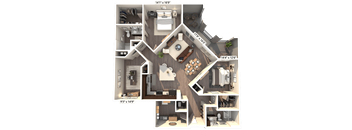 A 3D floor plan of a house with a living room, kitchen, and two bedrooms