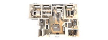 3D floor plan of three bedroom apartment layout at Icon on Main Apartments, Carmel