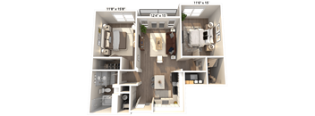 A 3D floor plan of an apartment with two bedrooms and a living area