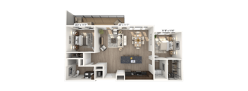 A 3D floor plan of a house showing the layout of the rooms.
