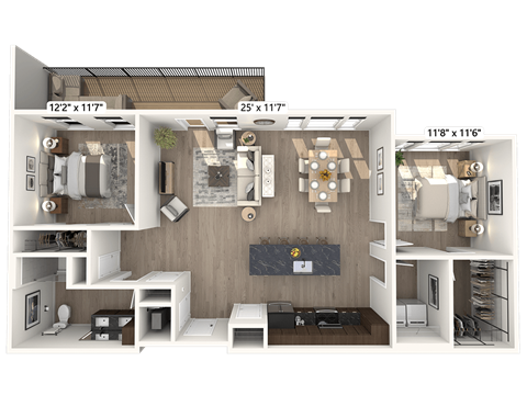 A 3D floor plan of a house showing the layout of the rooms.