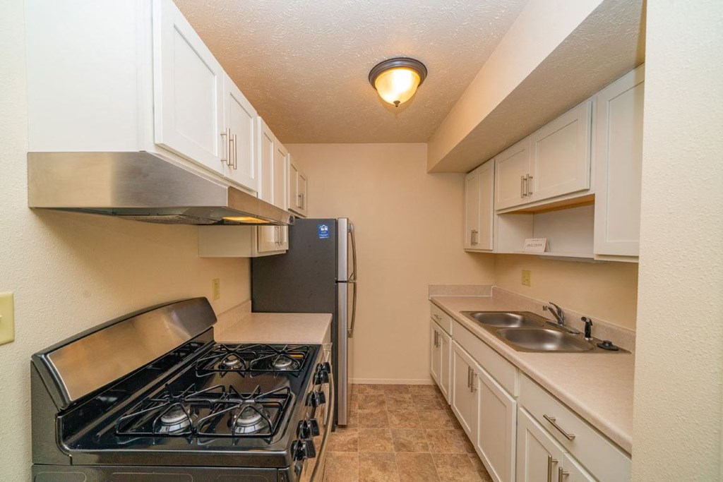 a renovated kitchen with a gas stove and a sink and a refrigerator at Briarwood Apartments, Benton Harbor, MI, 49022