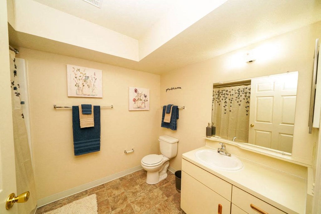 a bathroom with a sink toilet and a mirror at Black Sand Apartment Homes, Nebraska