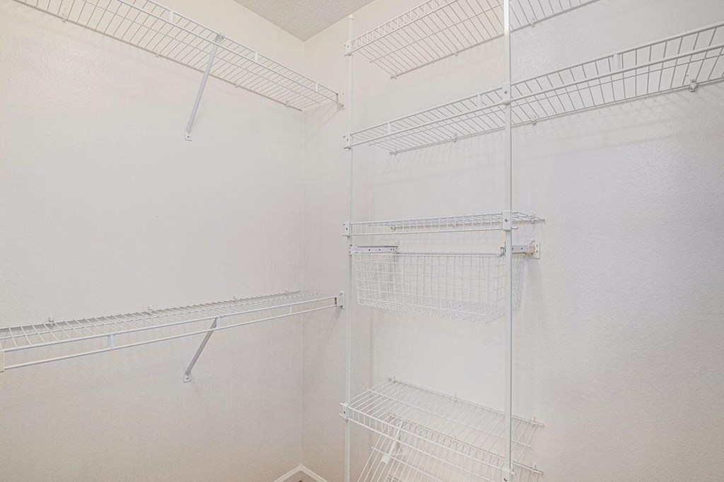 Large walk in closet with wardrobe organizers  at Black Sand Apartment Homes, Lincoln, NE