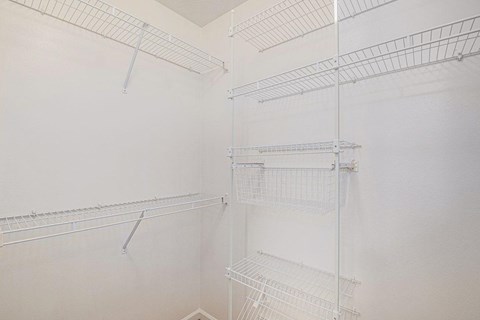 Large walk in closet with wardrobe organizers  at Black Sand Apartment Homes, Lincoln, NE